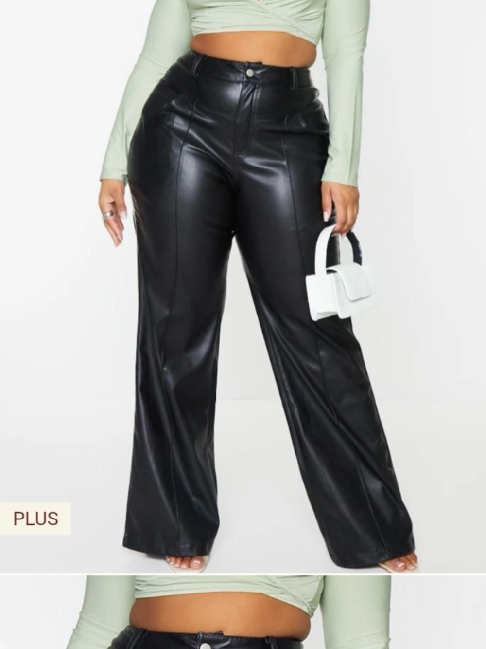 PrettyLittleThing Plus Size US 12/ UK 16 Black Faux Leather Wide-Leg Pants NWT